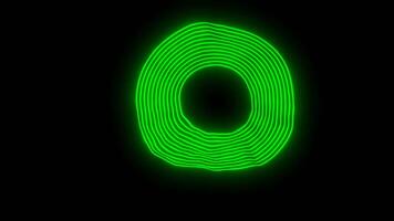 Black background with green circle pattern. Design. Neon lines creating a circle that blur in different directions in the animation. video