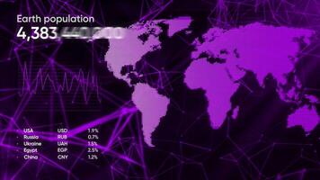 Yellow and purple background. Motion.A graph of the planet's population that is growing at a fast rate and shows the number of people in all regions in animation. video