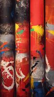 Close-up of the beautiful multicolored paintings rotating on the rolls in the museum of Modern Art. Concept. Gallery in Saint Petersburg video