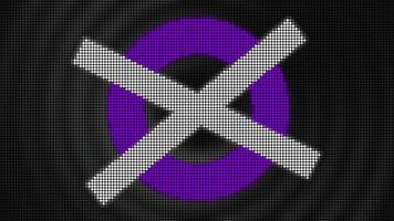 Black background. Motion.Purple and green appearing circle that crosses the lines with a cross in pixels in animation. video