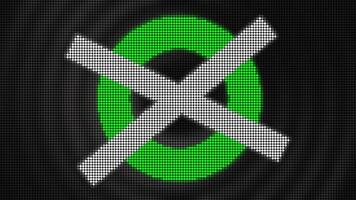 Black background. Motion.Purple and green appearing circle that crosses the lines with a cross in pixels in animation. video