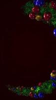 Abstract animation of the beautiful green Christmas wreath decorated by multicolored shiny balls of different sizes rotating on the dark background. Animation. Amazing Christmas animated background video