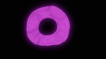 Animation with ring of neon rings blurring in space. Design. Neon 3d rings bend in dark space. Circle of linear neon lines changes on dark background video