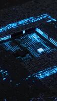 Neon futuristic cube. Animation. High-Tech background with neon cube rising from hole on surface launching cyber mechanisms video