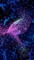 Plexus background and small bright particles flying and forming a cloud. Animation. Connected triangles of blue color and pink, orange gradient space dust. video