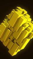 Abstract heart of yellow color made of moving small rectangular blocks rotating isolated on black background, seamless loop. Animation. Technology concept. video
