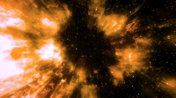 Flight through universe with galaxies and nebulae. Motion. Golden space glow on a starry sky background. video