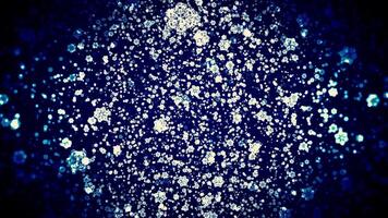 Abstract background with lots of snowflakes. Motion. Snowflakes move in air like bacteria. A lot of clusters of snowflakes in space. Winter background video