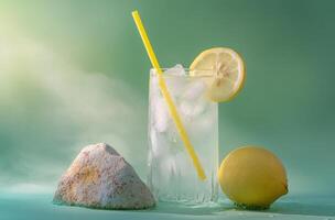 Refreshing lemon drink served in a glass with ice and a yellow straw on a light background photo