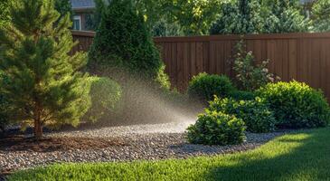 Sprinkler watering lush garden with vibrant greenery and landscaped rocks during sunny afternoon photo