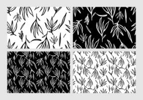 Abstract black brush-painted plants with outlined leaves and branches, creating a seamless pattern of hand-drawn silhouettes. vector