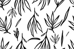 Abstract silhouettes of plants in black, featuring outlined leaves and branches in a seamless pattern for a natural organic look. vector