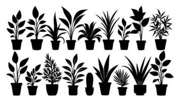 Collection of various plant silhouettes in pots, showcasing different shapes and styles. Ideal for minimalist decor, gardening themes, and nature-inspired designs with a modern aesthetic. vector