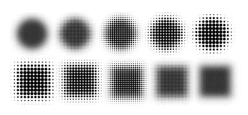 Abstract circle halftone featuring dotted circles, showcasing a gradient of geometric dots and pop art texture.