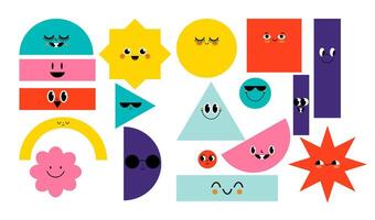 A variety of vibrant geometric figures with expressive faces. Hand-drawn illustrations tailored for children. Charming and funny characters, with all elements isolated. vector
