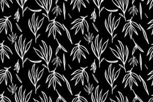 Natural organic ornament with abstract black brush-painted plants, showcasing a seamless pattern of outlined leaves and branches. vector