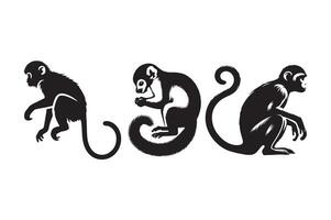 Three monkeys are shown in black and white vector