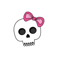 Cute Kawaii skull with a pink bow on its head on a white background. vector