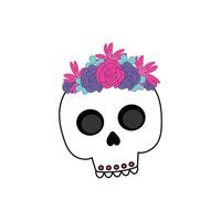 Cute skull with a wreath of flowers on its head on a white background. vector