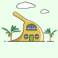 A Banana House With Green Door And Windows And Banana Trees Around It vector