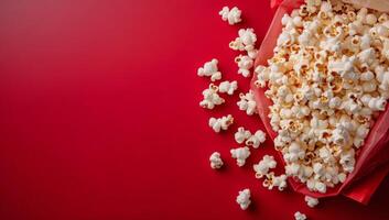 Freshly popped popcorn scattered beside an opened bag on a vibrant red background photo