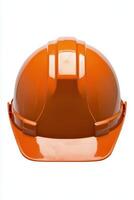 Bright orange safety helmet for construction workers placed on a white background photo