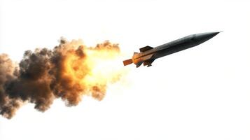 A missile launches with powerful flames and smoke against a clear background in mid-flight photo