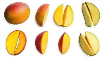 A vibrant arrangement of fresh mango slices and whole mangoes on a bright background photo
