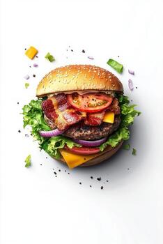 Tasty grilled burger with bacon, cheese, and fresh toppings on a soft bun photo
