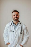 Smiling male doctor in a white coat with stethoscope poses confidently against a plain background photo