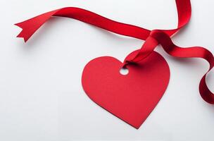 Red heart-shaped tag with a ribbon on a white background for Valentines Day or love occasions photo