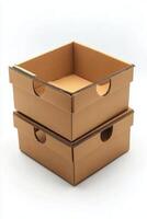 Open and empty cardboard boxes arranged neatly on a clean white surface photo