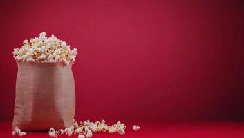 A burlap bag overflowing with buttery popcorn spills onto a vibrant red surface photo