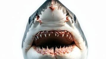 A close-up view of a great white shark showcasing sharp teeth against a neutral background photo