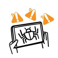 a person holding up a tablet with a bug on it vector
