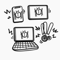a drawing of a laptop, a tablet and a phone with a bug on it vector