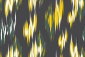 Seamless Ikat fabric pattern with dark background and abstract yellow, white and green stripes. Perfect for textiles, fashion, wallpaper, bohemian home decor and tribal prints. vector