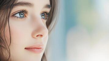A close up of a young woman with blue eyes photo