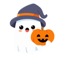 Happy cute smiling ghost wearing witch hat hold Halloween pumpkin png