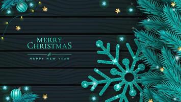 Christmas design with shiny green snowflakes and branch of pine on wooden background. vector