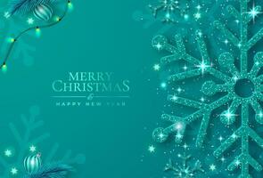 Christmas poster with shiny green snowflakes on a green background. vector