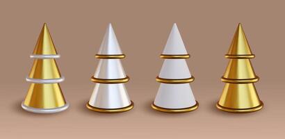Collection of Christmas Trees. 3D collection in gold and silver colors. Abstractly decorative. Isolated Christmas object on white background. vector
