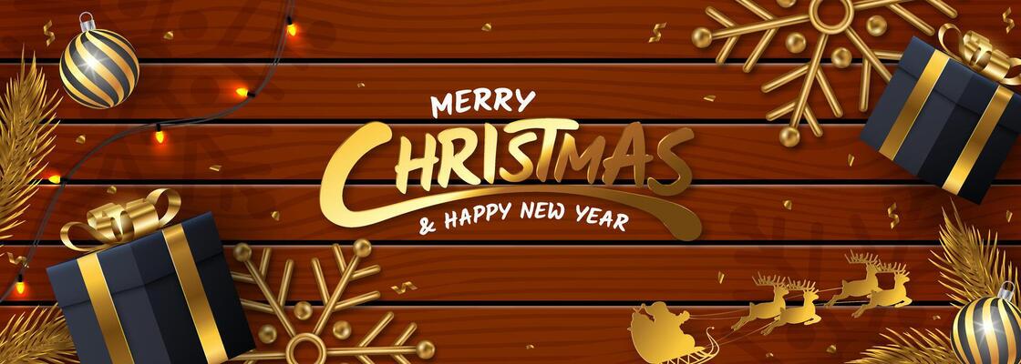 Merry Christmas holidays on wooden plank background. Festive Christmas composition top view of gift boxes, golden tree branches.