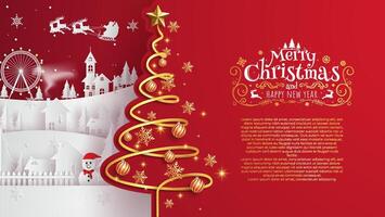 xmas tree in the design with snow. Gold 3D snowflakes, glittering gold confetti and jewel balls. Christmas and New Year card template. Winter paper art design. vector