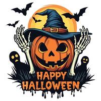 Happy halloween pumpkin with witch hat and skeleton vector