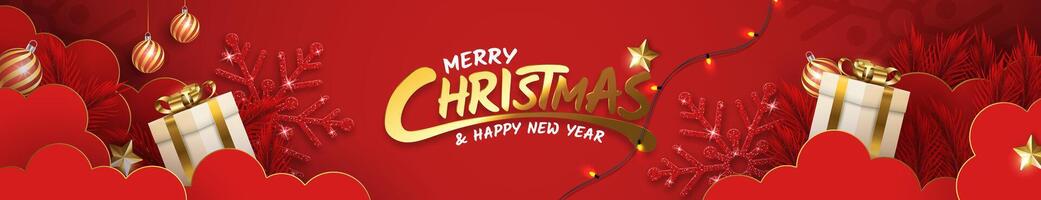 Merry Christmas holidays on red background. Festive Christmas composition top view of gift boxes, clouds, red tree branches. vector