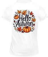 A white t-shirt with a pumpkin on it is displayed on a white background. vector