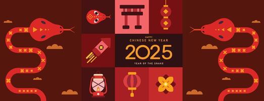 2025 Chinese new year, year of the snake template design with snake, modern design in red, gold colors for poster, banner, greeting card, lunar calendar, postcard, Notebook cover. vector