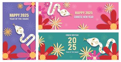 Set of 2025 Chinese new year, year of the snake template design with white snakes and beautiful flowers background, Cute cartoon snake vector