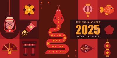 Chinese New Year 2025 modern art design set in red, gold and white colors for cover, card, poster, banner. Chinese zodiac Snake symbol, Happy New Year and symbol of of the Snake vector